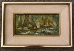 Vintage 1960’s Nautical Oil Painting Sail Boats Ocean Small Framed 8” X 12”