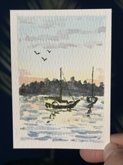 ACEO Original Watercolor Painting Sailboats Sunset Sea By JMJager