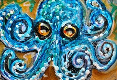 ORIGINAL ACEO Painting Blue OCTOPUS Sea Ocean Squid Fish Marine 8 Legs ATC ART