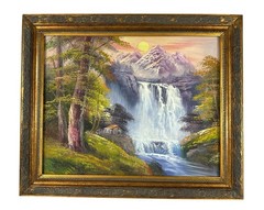 Vintage Framed Mountain Waterfall Landscape Oil Painting Cabin Forest 23.5×19.5