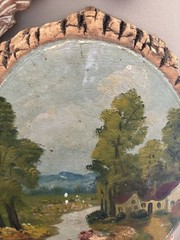 Antique Oval Oil Paining on Tree Panel Lake Mountain Home Flowers Trees 14”x11”