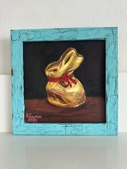 original oil painting Golden Easter Bunny still life 20x20cm Wall Art Gift