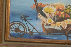 Vintage Art Painting Bicycle Pedal Flower Cart Town Square City Village Framed