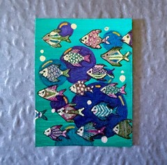 ACEO ATC Original Watercolor Painting, Cool Hued Fish Frenzy, 3.5″ x 2.5″ by GEM