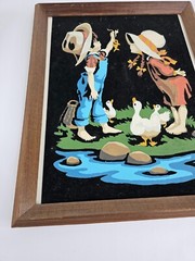 Vintage Mid‑Century Black Velvet Painting “Boy Fishing with Girl” 15.5″ × 12″