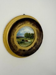 Miniature Oil Painting: cows grazing Landscape in Ornate Vintage Frame