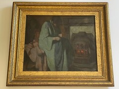 Vintage Antique Painting American Impressionist Portrait Art Deco Stove Interior
