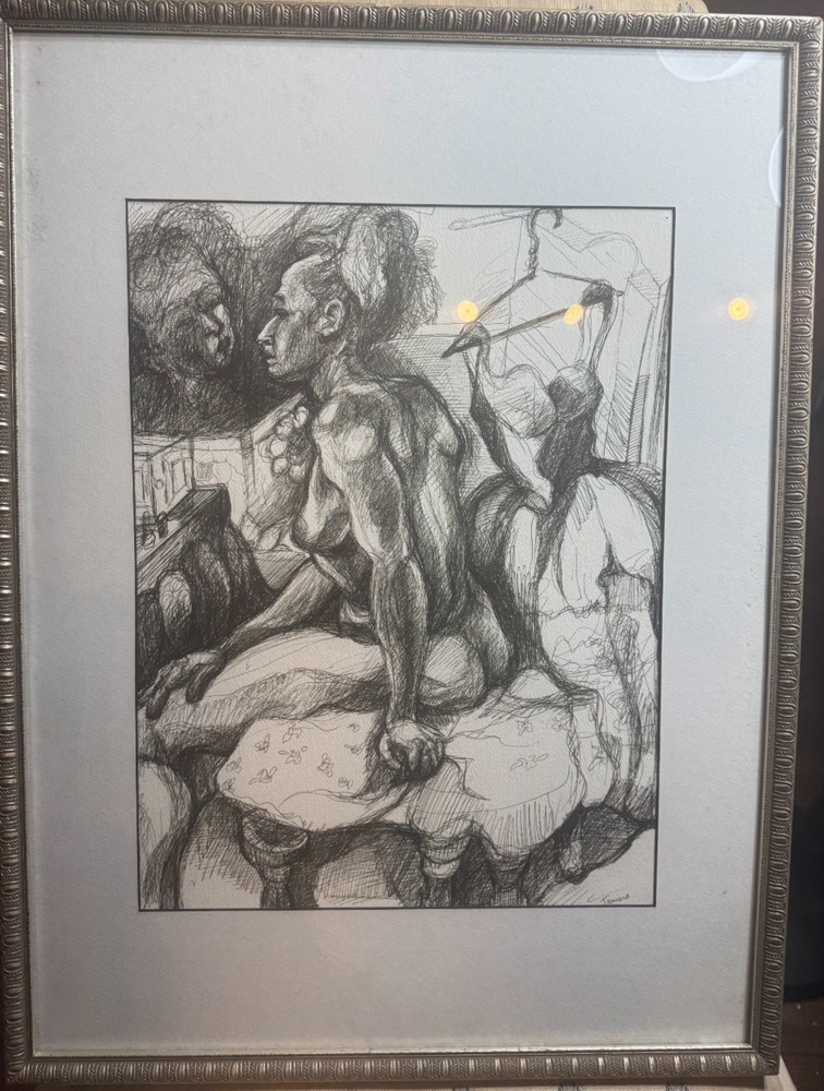 Tamara Signed Modernist Female Nude Bedroom Pen Ink Drawing Framed VG Cond 24×18