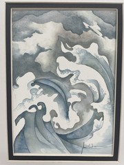 Small Modern Abstract Original Watercolor Waves Water Sky Signed Matte Blue