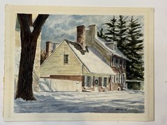 Original Vintage Signed “Alexander” Watercolor Painting Winter Colonial House