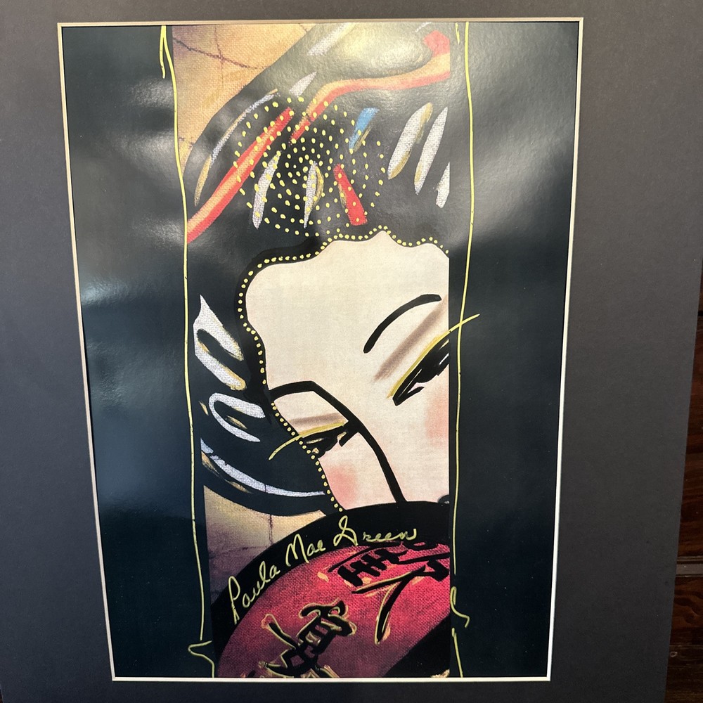 PAULA MAE GREEN Japanese Geisha Girl SIGNED Artist Enhanced, framed 17”x11”