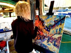 French Village Cafe – Original Oil Painting 30×30 – Kate Johnson, Hawaii