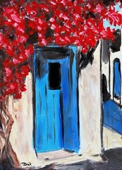 Original Mediterranean Door Bougainvillea Painting 11×14 Canvas Acrylic Art