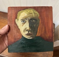 Small Original Acrylic Board Male Portrait 8″ Square Unsigned Unusual Painting