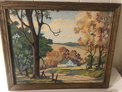 Vintage PAIR Paint By Number AUTUMN COUNTRYSIDE Landscape 11 x 14 Wood Frame