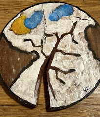 Abstract Hand Painted Natural Live Edge Wood Cut Art Landscape Scene Signed 13”