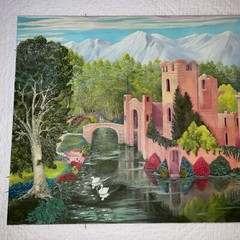 Vintage 70s landscape pink castle original painting hand painted by Robins
