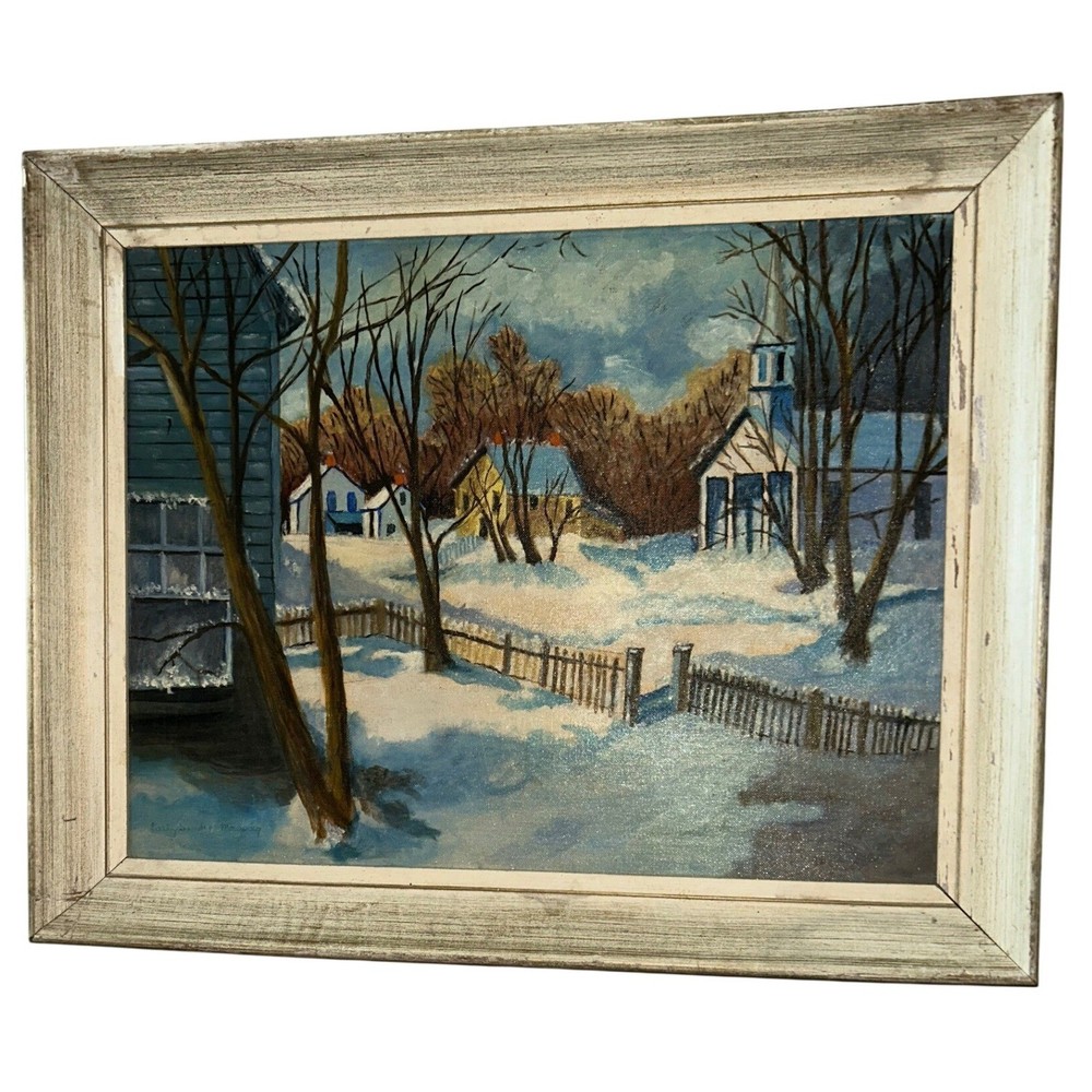 Vintage Winter Village Oil Painting Signed 1965 Framed Church Snow Scene Art