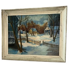 Vintage Winter Village Oil Painting Signed 1965 Framed Church Snow Scene Art