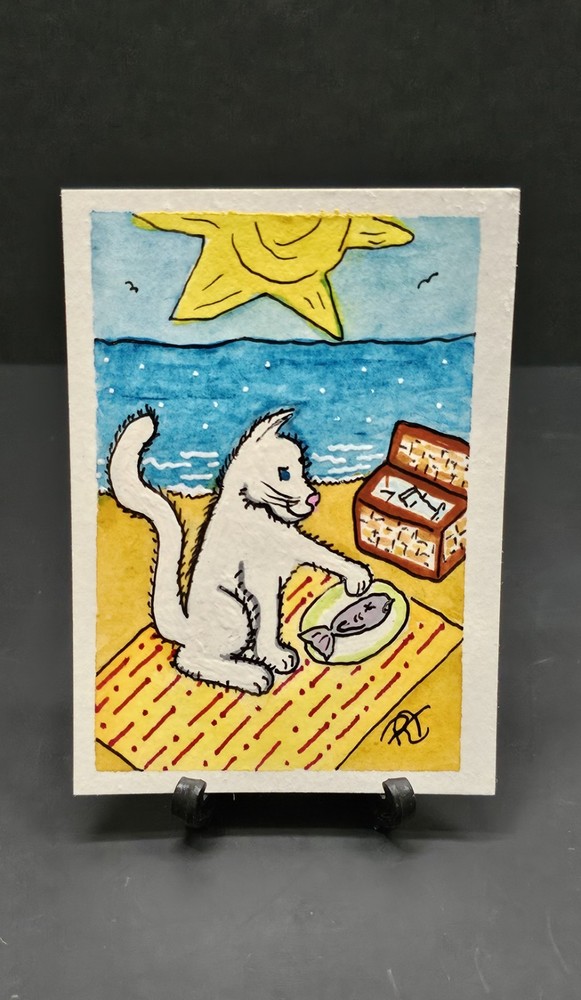 ACEO Original Art 2.5X3.5 Trading Card Actually Cats White Cat & Fish At Beach