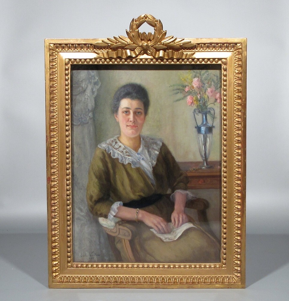 Emile Vauthier (1864-1946) Antique Belgian Oil Painting Portrait Woman, Signed