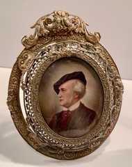 19th C. Miniature Portrait on Porcelain Composer R. Wagner Ornate Bronze Frame