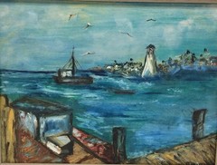 Vtg Original Sea Marina w/ Light House, Boats & Dock Seascape Painting on Board