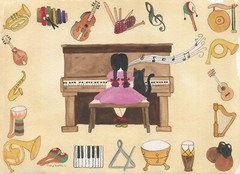 OrIgInAl FoLk ART WaTeRCoLoR PaInTiNg MuSiC InStRuMeNtS PiAno Cat Girl MuSicAl