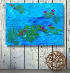 Original oil painting with Pink water lily, Landscape water painting