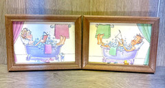 Vintage Cute Man and Woman in Bathtub Wood Framed Pictures Set of 2