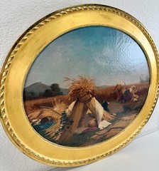 Antique Oil Painting French Farm Landscape Man Woman Impressionist 19th C SIGNED