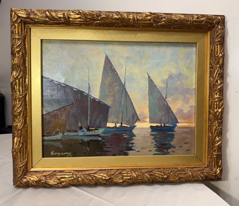 Vintage original Evgeny Expressionism nautical sail boat oil painting on canvas