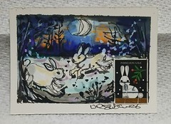 Postal Whimsy OOAK ACEO – Rabbits at Half‑Moon Snowfall – Forever Rabbit Stamp