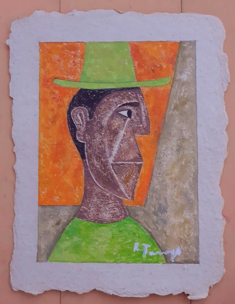 RUFINO TAMAYO 11″ x 8.5″ -HOMBRE CON SOBRERO VERDE- OIL PAINTING ON NATIVE PAPER
