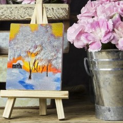 Original Forest Sunset Watercolor Painting Winter Landscape Christmas Wall Art