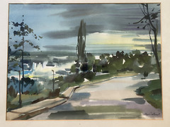 Aquarell Unreadable Signed Night Sky Street Panorama Rhine Antique