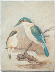 Beautiful Vintage Oil Painting of Two Kingfisher Birds Atop Watery Branch Signed