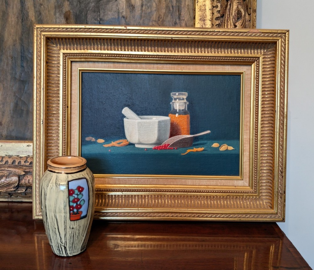 W. C. Nowell (Oil on board) with a marked Studio Pottery Vase