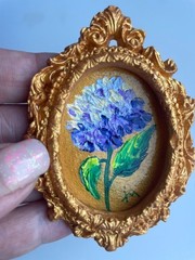 Original miniature oil painting in a frame, impasto technique, flowers, signed.