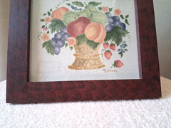 Vintage Framed Folk Art Theorem Painting Fruit Basket signed M Conway 11″ x 12″