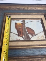Vintage 1978 Brown Bear Cup Oil Painting Signed Judy Framed Rustic Cabin Art 5X7