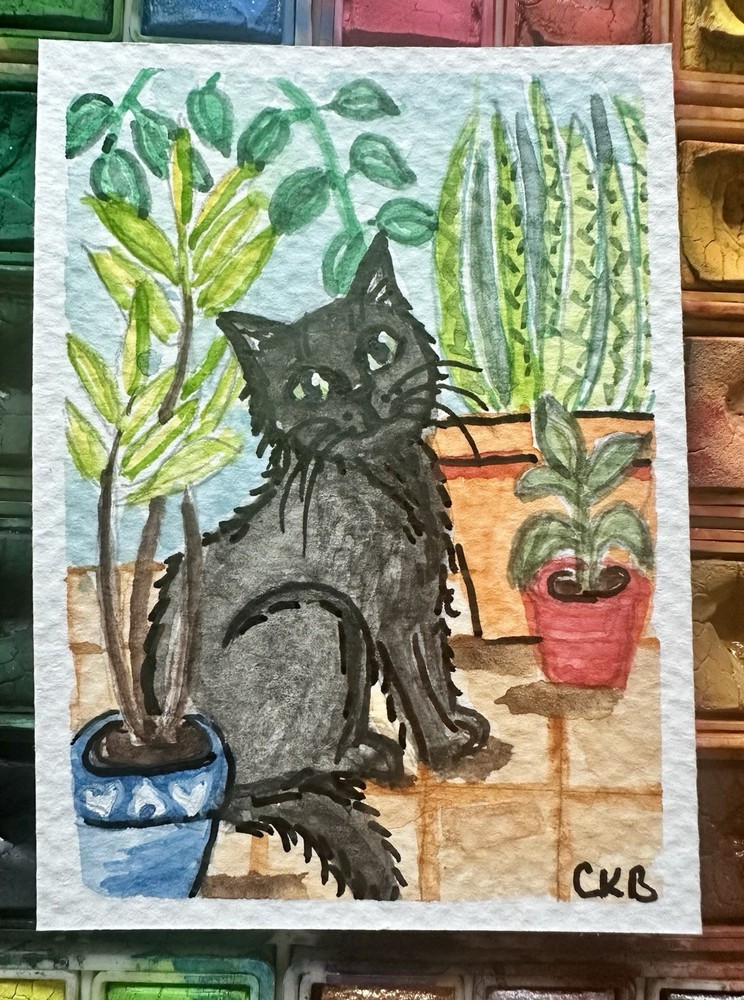 ACEO Original Watercolor Black Cat Sitting By House Plants Signed 2.5 X3.5