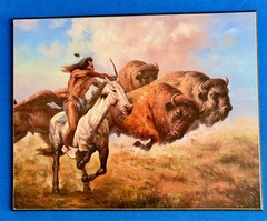 Troy Denton Artist Print on Board Native American Buffalo Hunt With Bow 25 x20cm