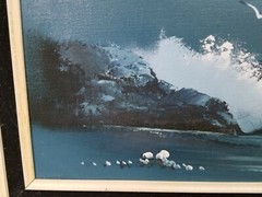 Waves Crashing on Shore Seascape Oil on Canvas, Signed, Framed 30×18 Blue Tones