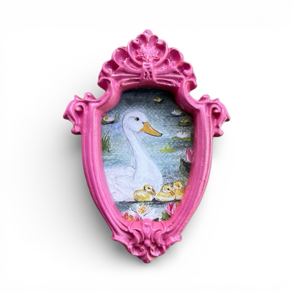 TEENY MINI • Duck with Ducklings 🐥 watercolor bird print in TINY ornate frame