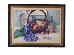 Antique Still Life Table Fruit and Wine Oil Painting On Board Signed Church 31