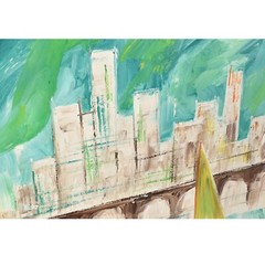 LeMark Mid-Century Modern Aqua Blue White and Green Nautical Harbor Painting