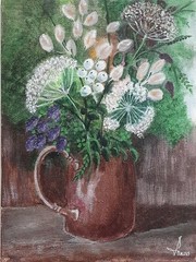 art.Bouquet of wild flowers in a bronze mug.size 6 x 8 in.