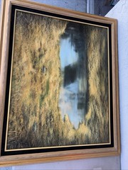 Vintage acrylic signed Nadine Swanson reflection House pond 33 x 27