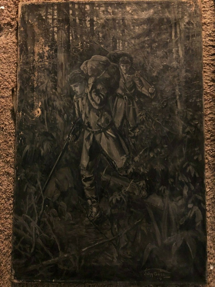 Antique Signed Published Illustration Art Painting Two 18th Century Trappers ’10